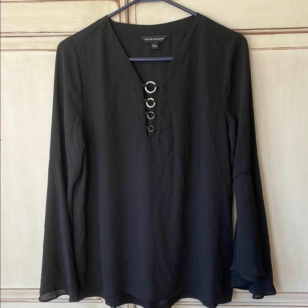 Rock & Republic Black Long Sleeve Blouse with Metal Ring Accents